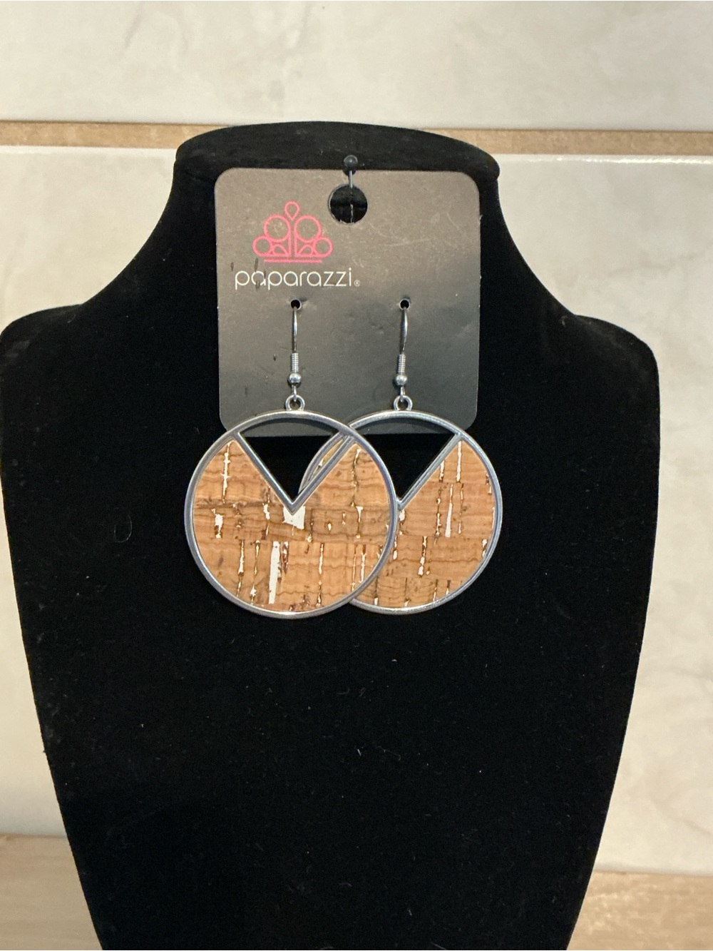 Paparazzi Silver-Tone Cork Circle Drop Earrings with White Accent